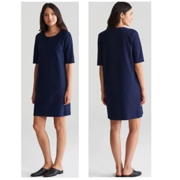EILEEN FISHER Navy Blue Shirt Dress Stretch Crepe Short Sleeve Zip Side | MP - Picture 1 of 8
